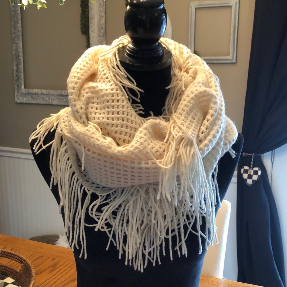 Cream Waffle Knit Fringe Scarf